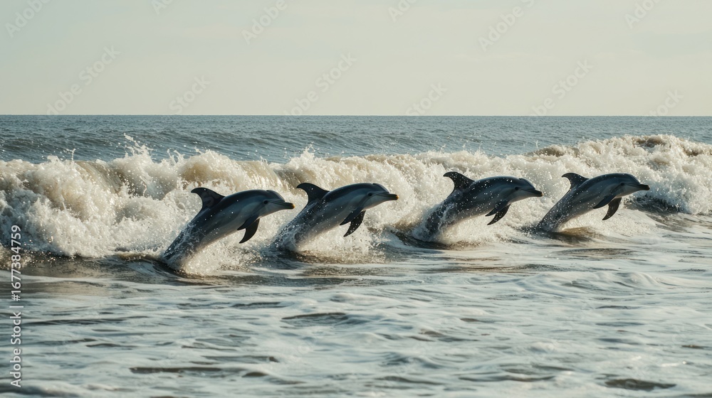 Obraz premium A group of dolphins leaping through the waves in the ocean with smiles.