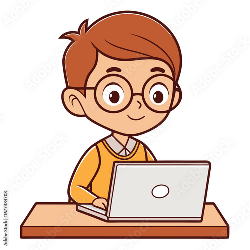 Boy Wearing Glasses Using a Laptop at a Desk child
