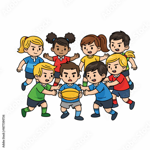 Cute Handdrawn Group of Children Playing Rugby Sport Illustration