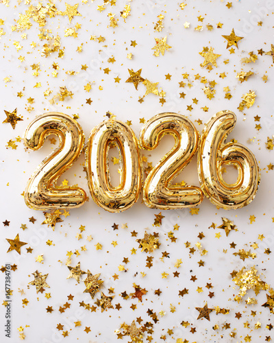 Gold 2026 celebration graphic, Happy New Year. Party confetti background.