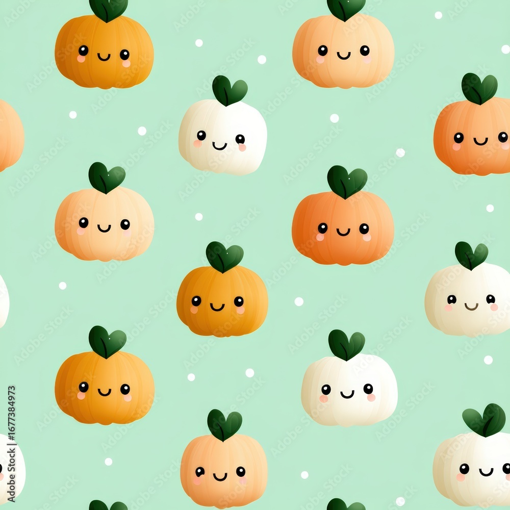 Fototapeta premium Cute Cartoon Pumpkin Characters with Smiling Faces on Green Background
