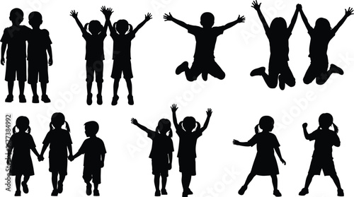 Silhouettes of playful children jumping, dancing, and holding hands – perfect vector illustration for childhood, fun, education, and activity themes.