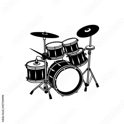 Detailed monochrome illustration of a drum set with multiple percussion instruments silhouette vector 