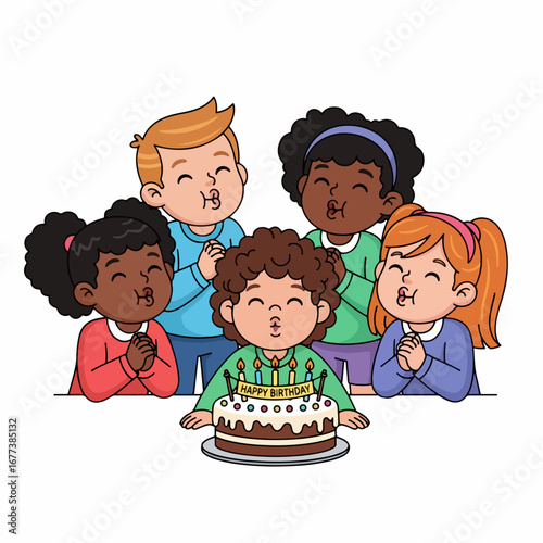 Cartoon Flat Illustration Group of Children Celebrating Birthday with Cake