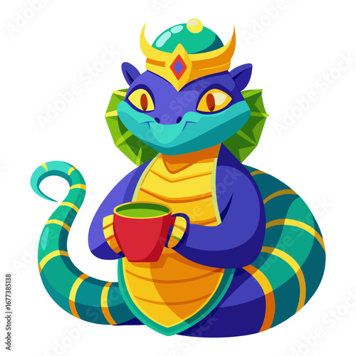 A vibrant 3D render of a sleepy King Cobra holding a cup of matcha tea
