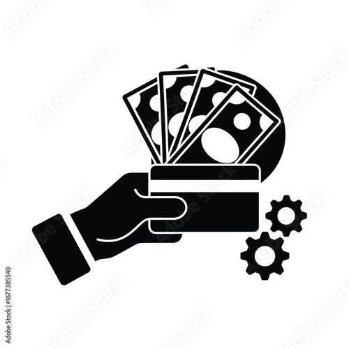 Hand holding credit card with money and gears symbolizing financial transactions