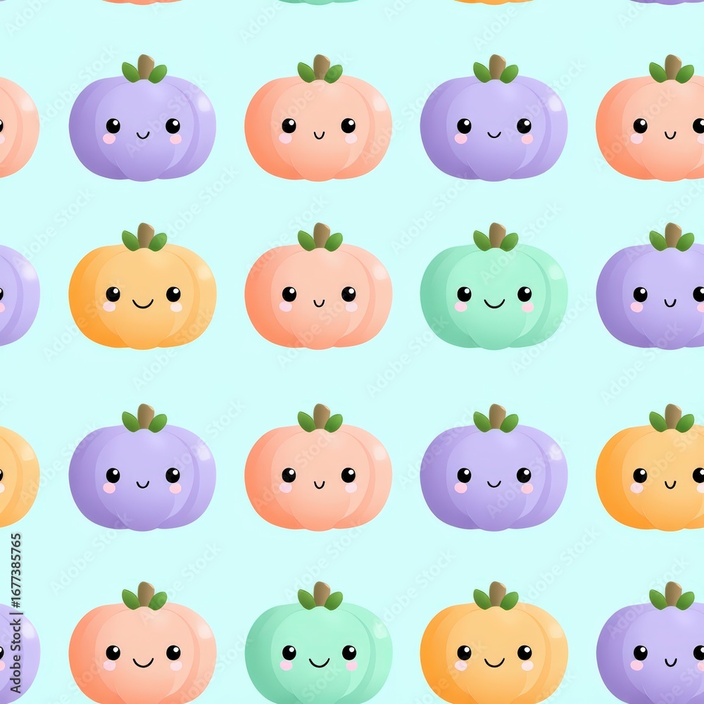 Obraz premium Cute Cartoon Pumpkins with Faces on Light Blue Background Pattern