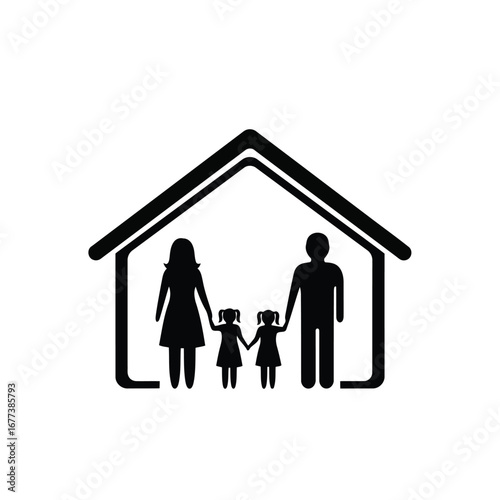 Photo of a family of four, parents and two daughters, standing under a house outline