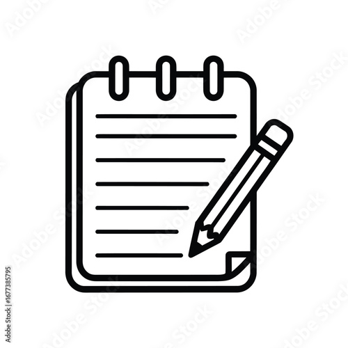 Simple outline icon of a notebook with a pencil ready to write