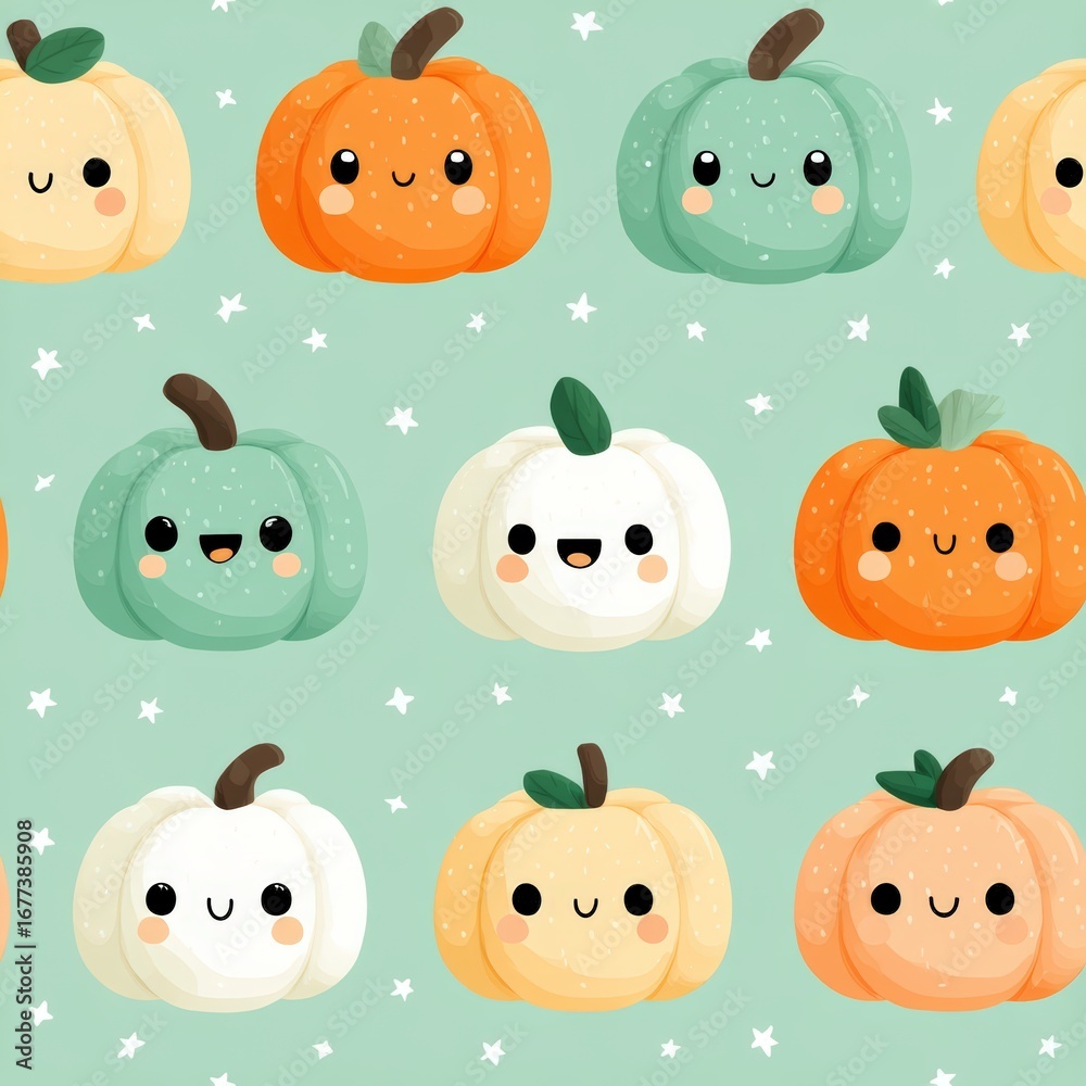 Fototapeta premium Cute Cartoon Pumpkins with Smiling Faces on a Soft Green Background