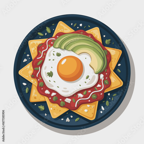 Chilaquiles Rojos with Egg and Avocado Illustration