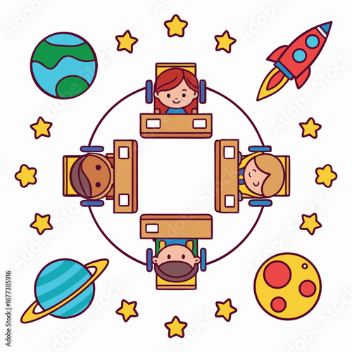 Children in a spaceship orbiting planets and stars