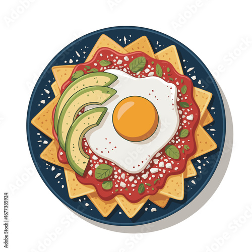 Chilaquiles Rojos with Egg and Avocado Illustration