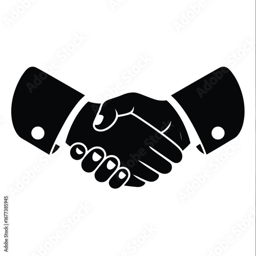 Black and white icon of two hands shaking in agreement and partnership
