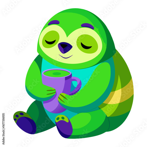 A vibrant 3D render of a sleepy Sloth holding a cup of matcha tea
