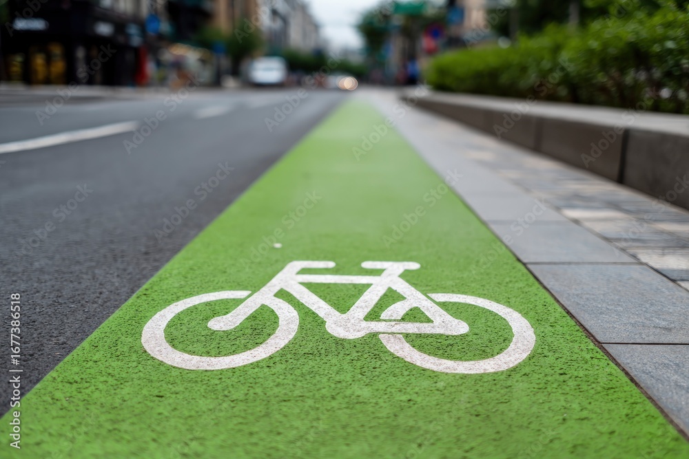 Obraz premium A green bike lane is marked with a white bicycle symbol on a city street with blurred buildings in the background