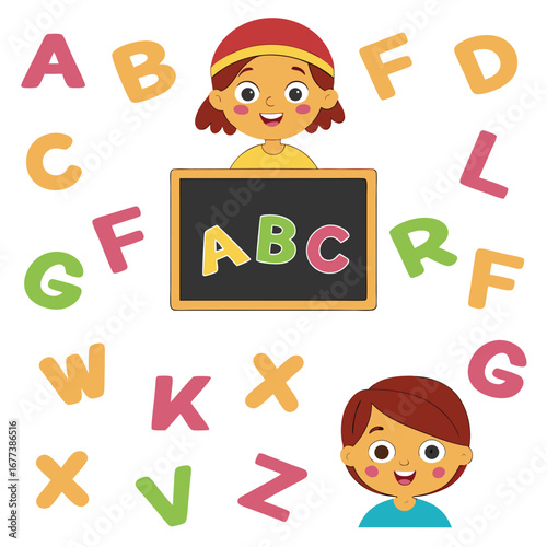 Children learning the alphabet with a blackboard kids