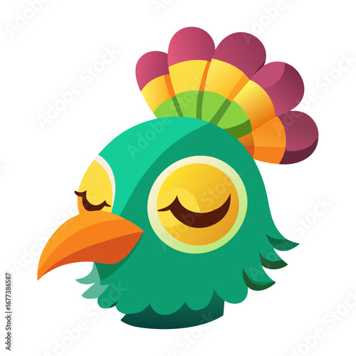 a vibrant 3D render of a sleepy peacock head