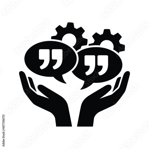 Hands holding speech bubbles with gears symbolizing communication and collaboration