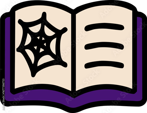 This image depicts an open book with a black spider web on the left page and three bold black lines of text on the right, outlined with a purple border.