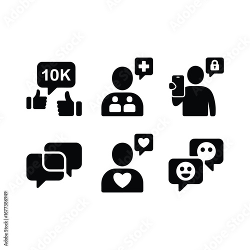 Social media icons representing likes followers engagement and communication