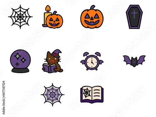 This image shows a collection of cute Halloween icons including pumpkins, a coffin, a crystal ball, a witch cat, a spooky clock, a bat, a spider web, a candle, and a spell book, all designed in a colo