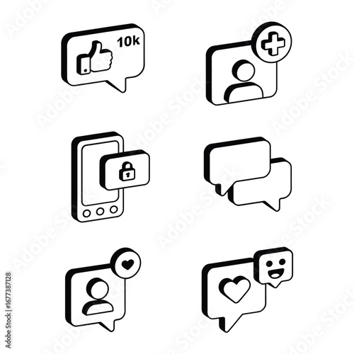 Collection of social media icons in a 3d isometric style with a hand drawn feel