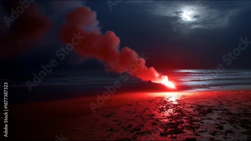 Red distress flare smoking on night beach illuminating sand and sea under moonlight