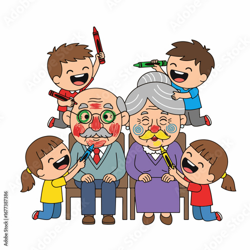 Flat Style Happy Grandparents with Grandchildren Drawing on Their Faces Illustration