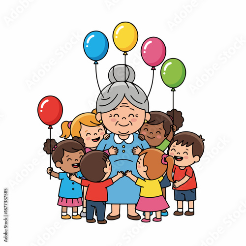 Whimsical Hand Drawn Grandmother with Balloons Surrounded by Cheerful Children Illustration