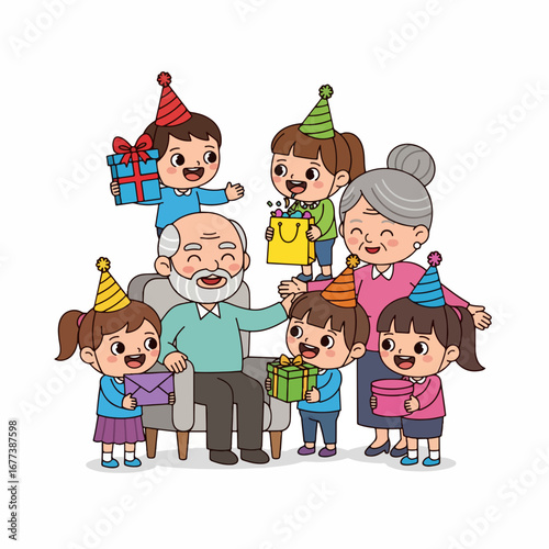 Flat Style Cheerful Grandfather Surrounded by Grandchildren Celebrating Birthday Illustration