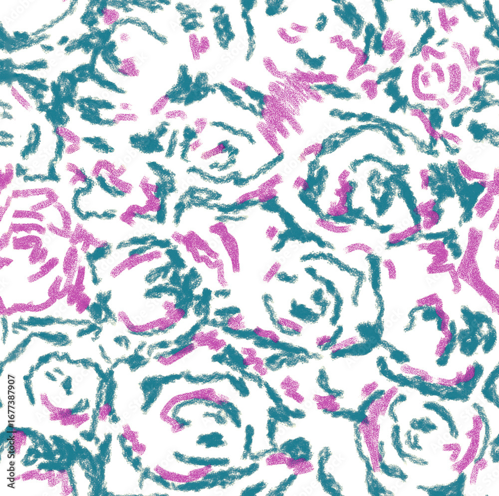 abstract floral pattern with teal and pink rose-like shapes on a light background abstract floral pattern with teal and pink rose-like shapes on a light background