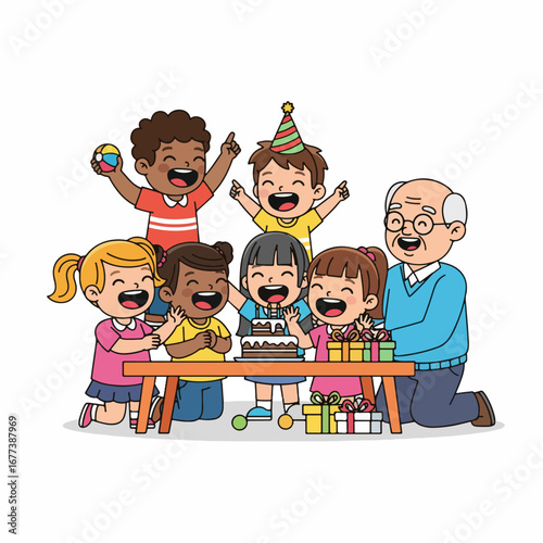 Colorful Flat Illustration of Children Celebrating Birthday Party Together with Grandfather