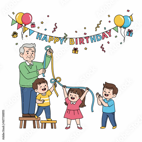 Cute Flat Illustration Grandfather Celebrating Birthday with Grandchildren Party Scene