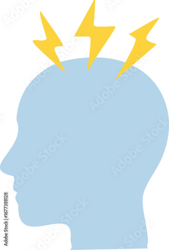 This is a flat illustration of a human head silhouette with yellow lightning bolts striking the top, symbolizing epilepsy, seizures, or abnormal brain activity.
