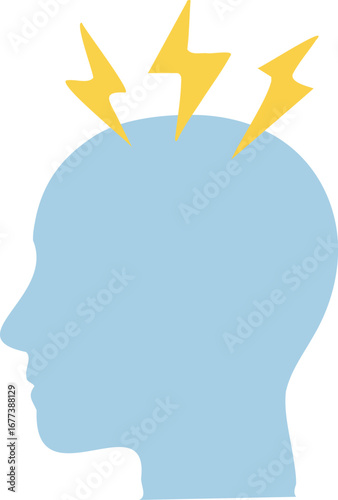 This is a flat illustration of a human head silhouette with yellow lightning bolts striking the top, symbolizing epilepsy, seizures, or abnormal brain activity.