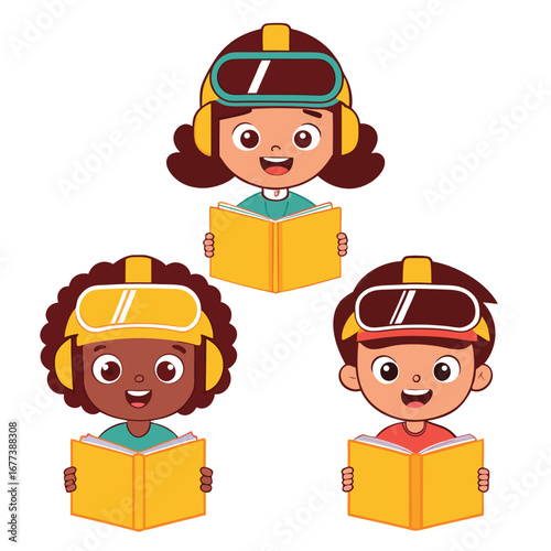 Children wearing VR headsets reading books kids virtual reality