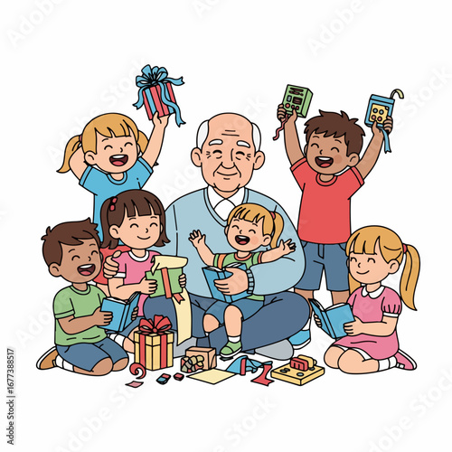 Detailed Hand Drawn Grandfather Surrounded by Happy Grandchildren with Gifts Illustration