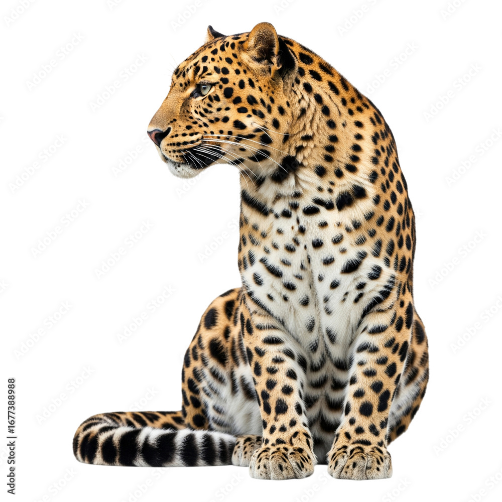 Fototapeta premium A majestic Amur Leopard sits in a side profile on a clean white background.
