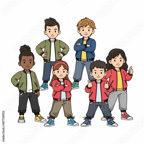 Cute Handdrawn Diverse Group of Kids Standing Together Illustration Design