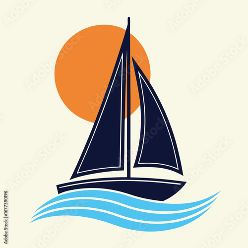 Dark blue sailboat with white trim sails on blue waves under orange sun sailing water