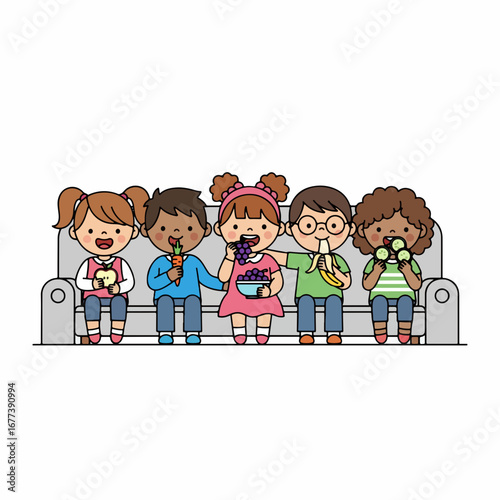 Cartoon Colorful Group of Children Enjoying Snack Time on Sofa