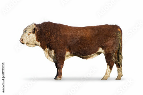 Powerful hereford bull. Side view. White background
