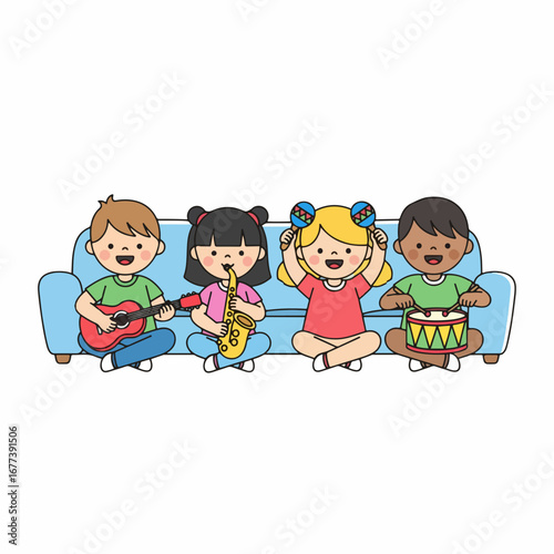 Cartoon Style Happy Children Playing Musical Instrument on Sofa Illustration