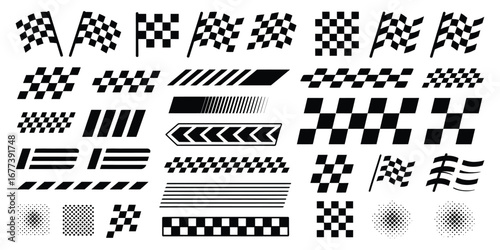 Racing Stripe Banners and Checkered Pattern Vector Set – Speed Lines, Flags, and Design Elements for Motorsports, Car Racing, Track Finishing Graphics, and High-Speed Visual Projects