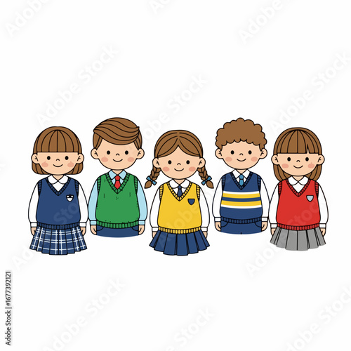 Cute Handdrawn Diverse Students in Uniform Illustration for Educational Material