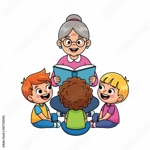 Cartoon Style Grandma Reading Book to Little Children Illustration