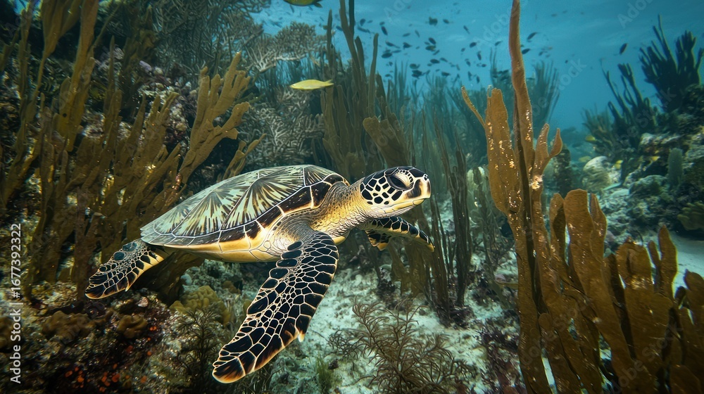 Fototapeta premium A sea turtle gliding peacefully through the underwater coral reef.