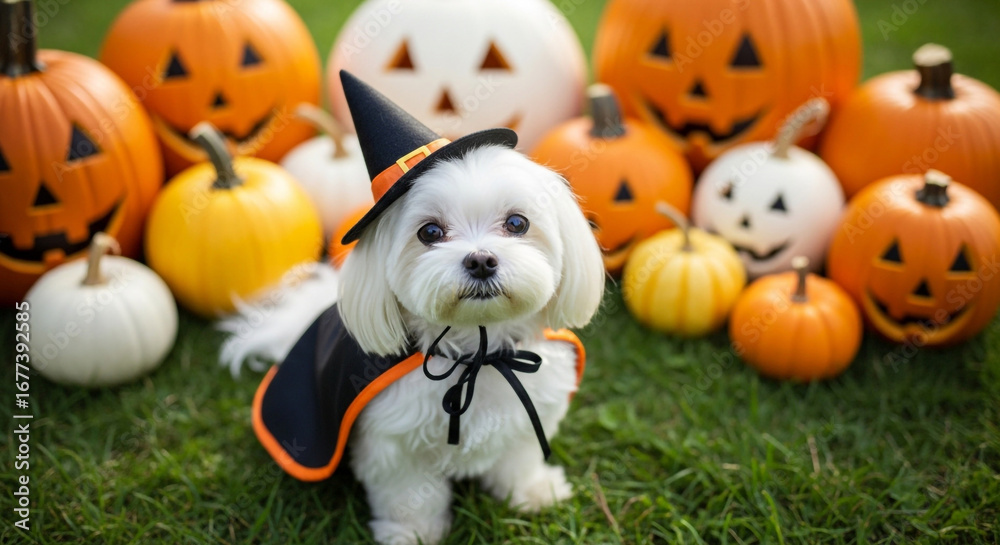 Fototapeta premium An adorable white dog in a witch hat and cape sits in a festive pumpkin patch a perfect cute and magical image for a pet's fun Halloween photoshoot outdoors
