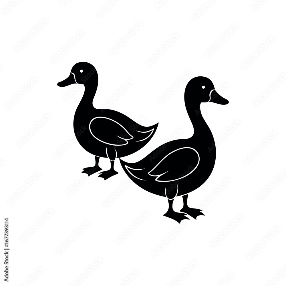 Two Black Silhouette Ducks Standing in a Minimalist Flat Vector Design Two Black Silhouette Ducks Standing in a Minimalist Flat Vector Design